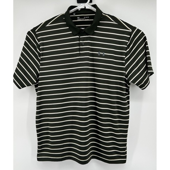 Under Armour Other - Under Amour Loose Heatgear Short Sleeve Olive Green Striped Polo Men's XL